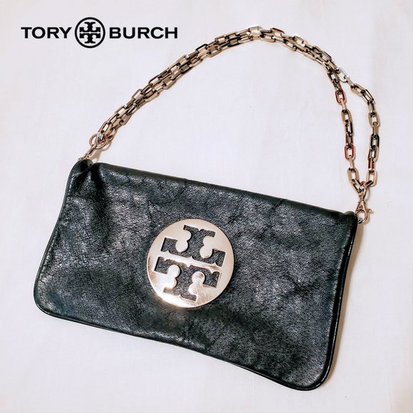 Tory Burch Handbags - Tory Burch "Reva" Black Silver Chain Clutch Bag